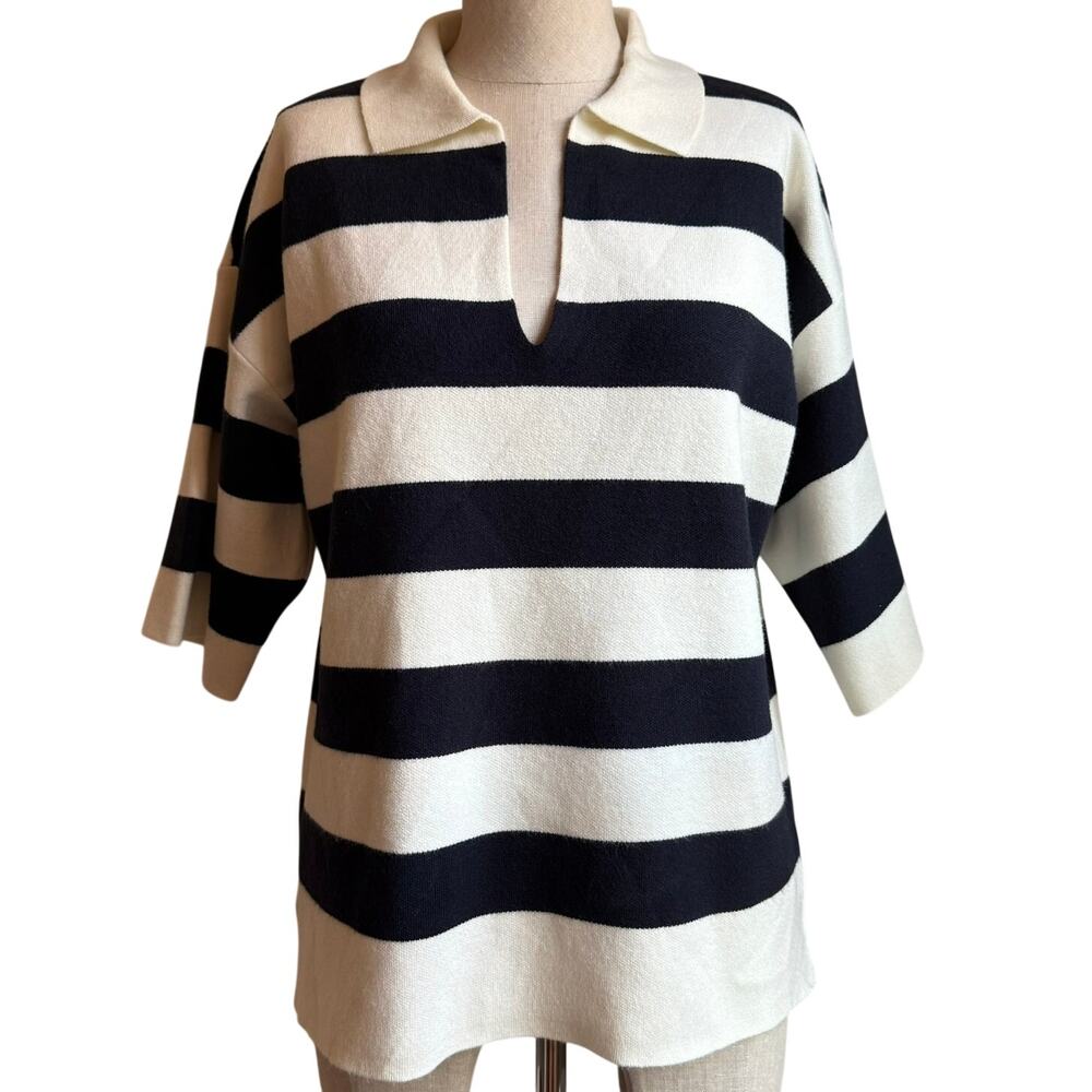 Tahari Navy Cream Striped Sweater Knit Polo Top Womens Large